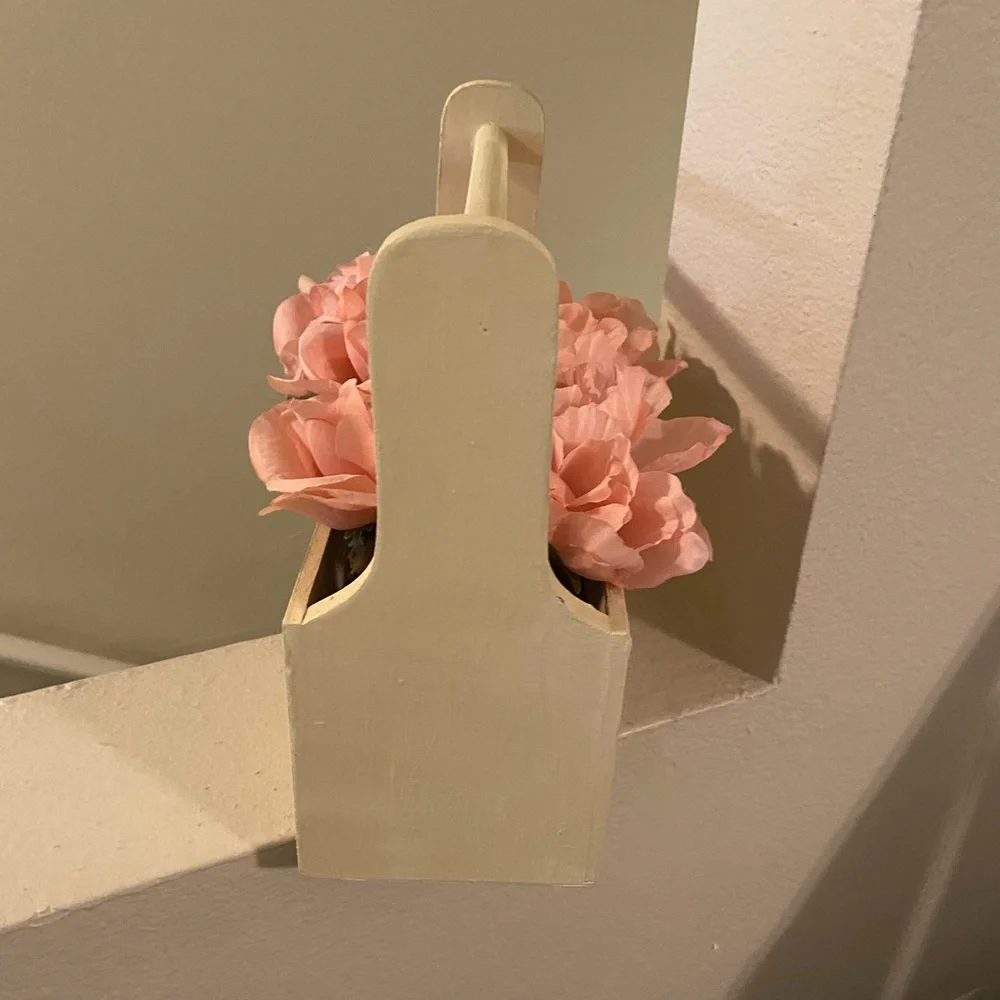 Painted Wooden Decorative Box with Handle and added transfers with Pink Flowers.